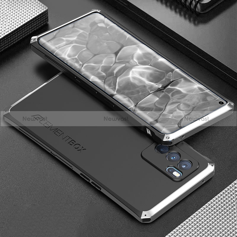 Luxury Aluminum Metal Cover Case 360 Degrees for Oppo Reno6 Pro 5G India Silver and Black