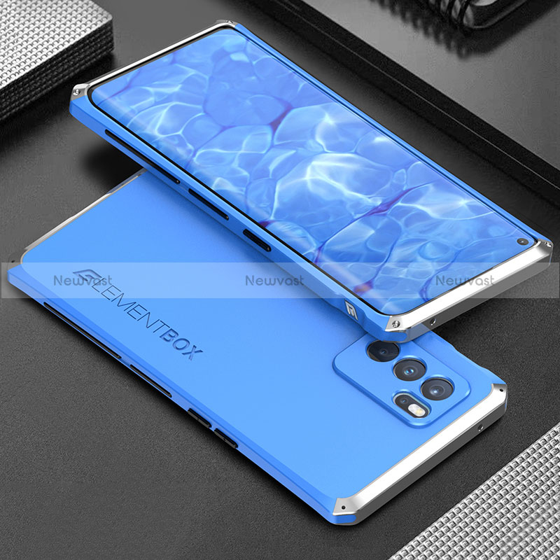 Luxury Aluminum Metal Cover Case 360 Degrees for Oppo Reno6 Pro 5G India Silver and Blue