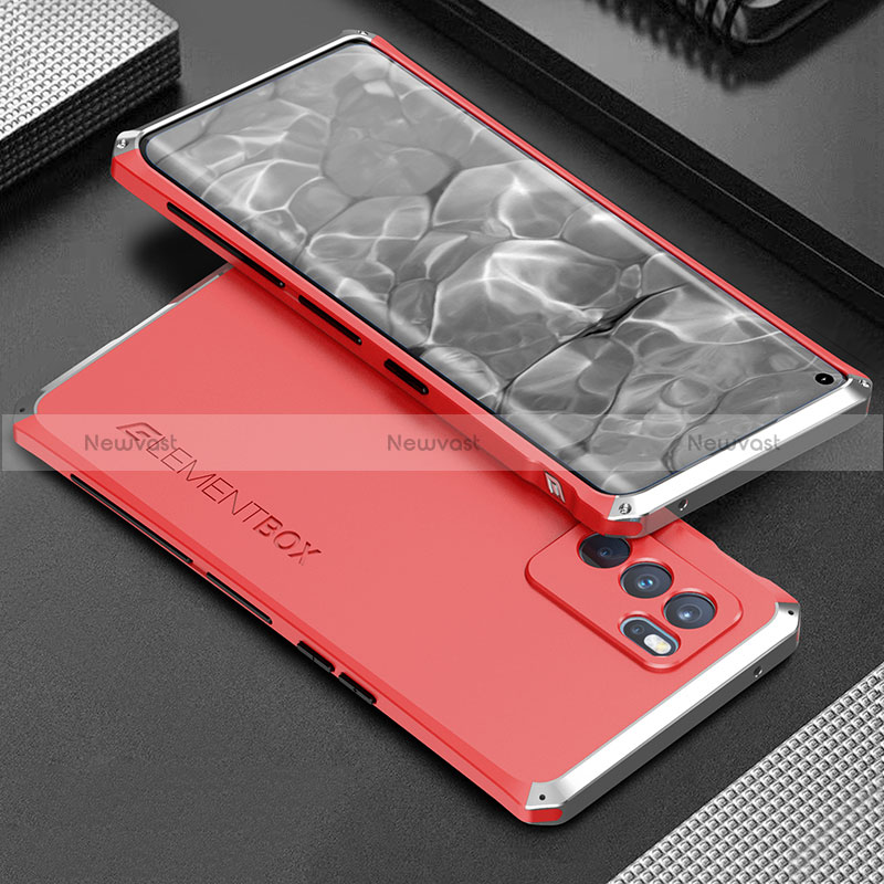 Luxury Aluminum Metal Cover Case 360 Degrees for Oppo Reno6 Pro 5G India Silver and Red