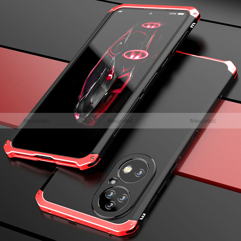 Luxury Aluminum Metal Cover Case 360 Degrees P01 for Huawei P50 Pro Red and Black