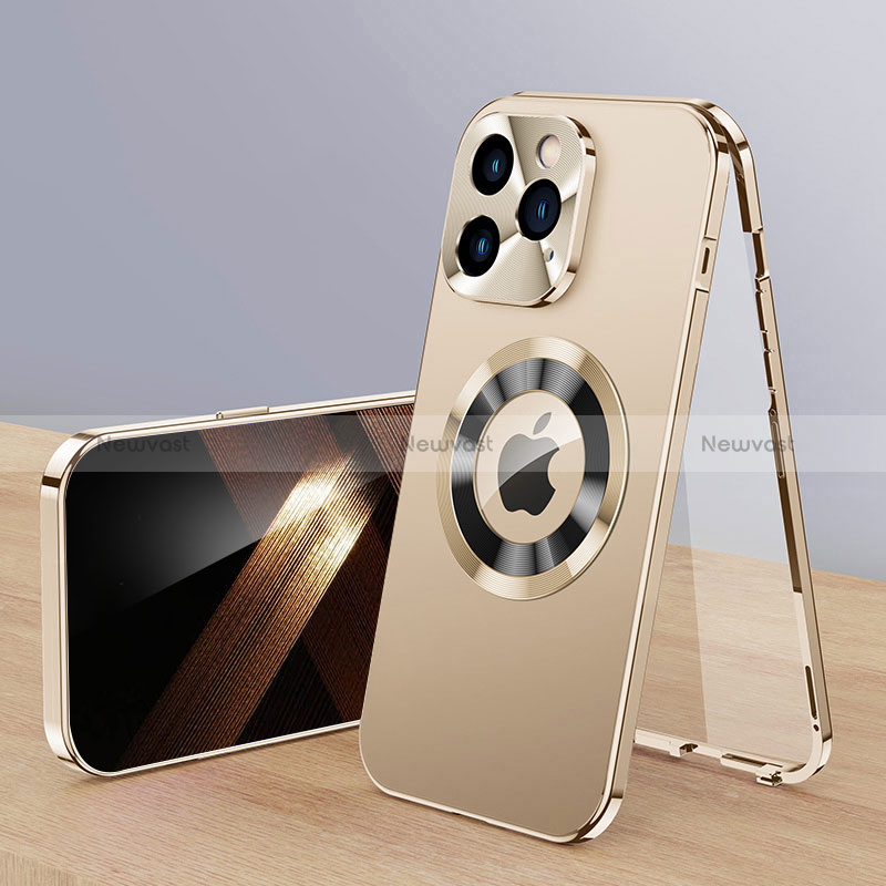 Luxury Aluminum Metal Cover Case 360 Degrees with Mag-Safe Magnetic P01 for Apple iPhone 13 Pro Max Gold