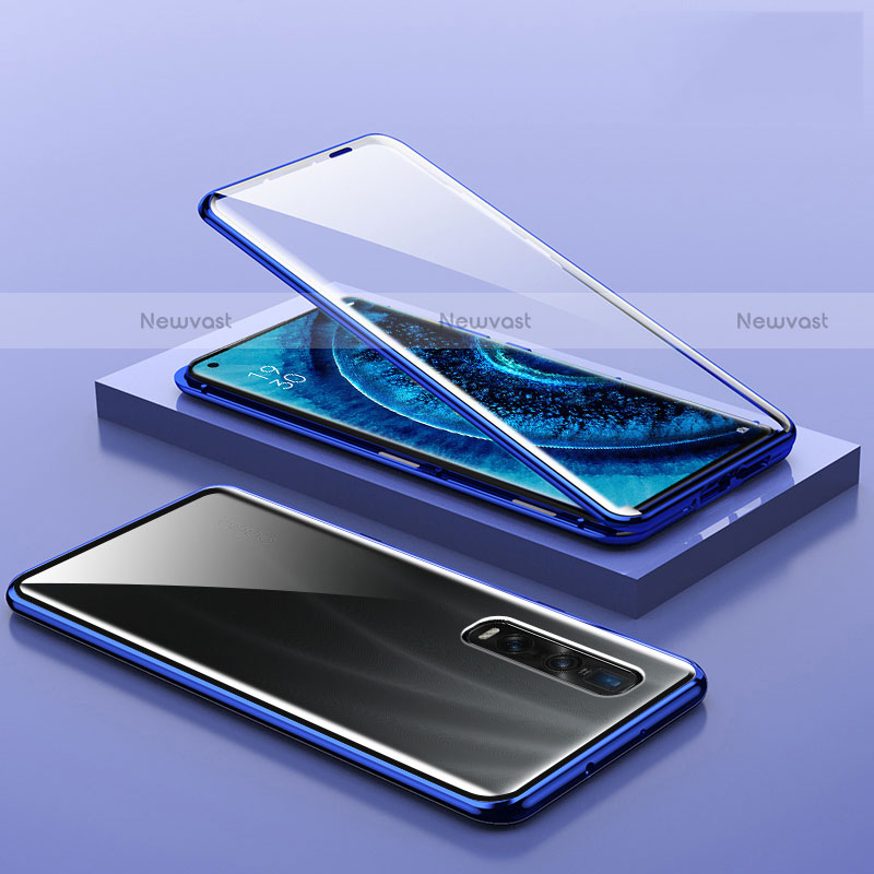 Luxury Aluminum Metal Frame Mirror Cover Case 360 Degrees A02 for Oppo Find X2 Pro Blue