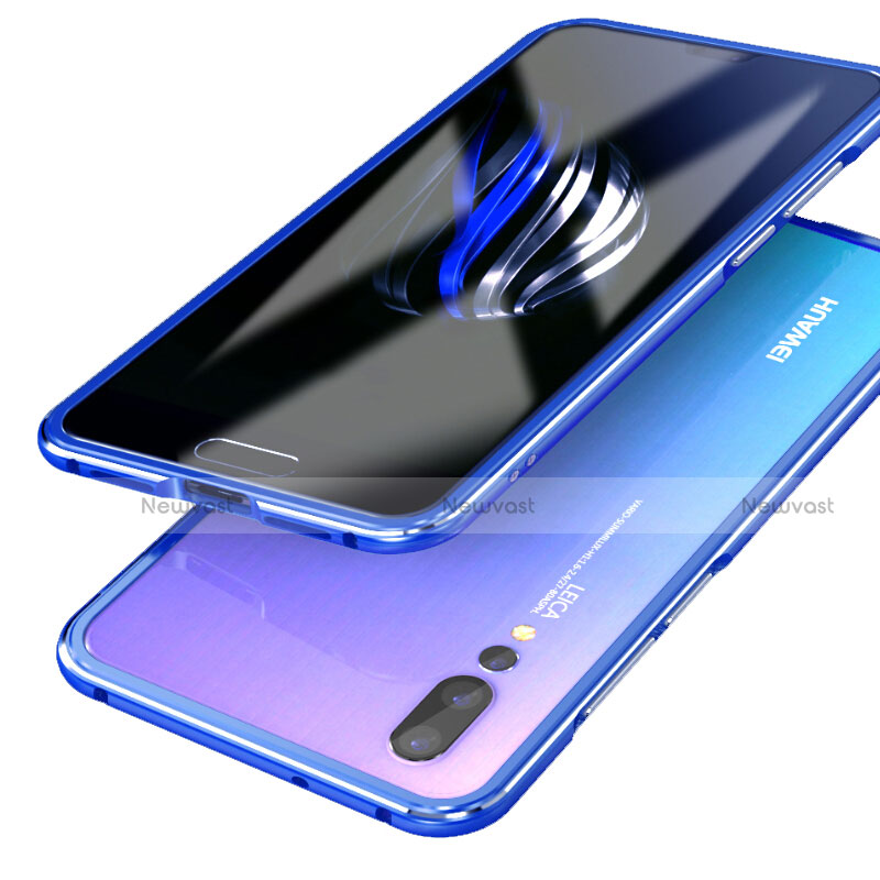 Luxury Aluminum Metal Frame Mirror Cover Case 360 Degrees for Huawei P20 Pro Blue