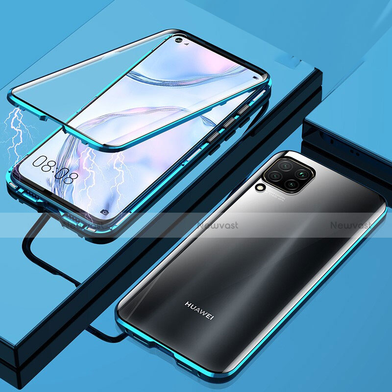 Luxury Aluminum Metal Frame Mirror Cover Case 360 Degrees for Huawei P40 Lite Blue