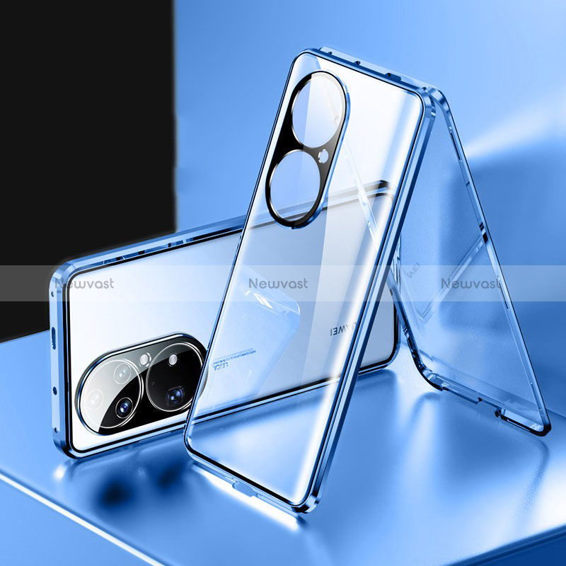 Luxury Aluminum Metal Frame Mirror Cover Case 360 Degrees for Huawei P50 Pro Blue