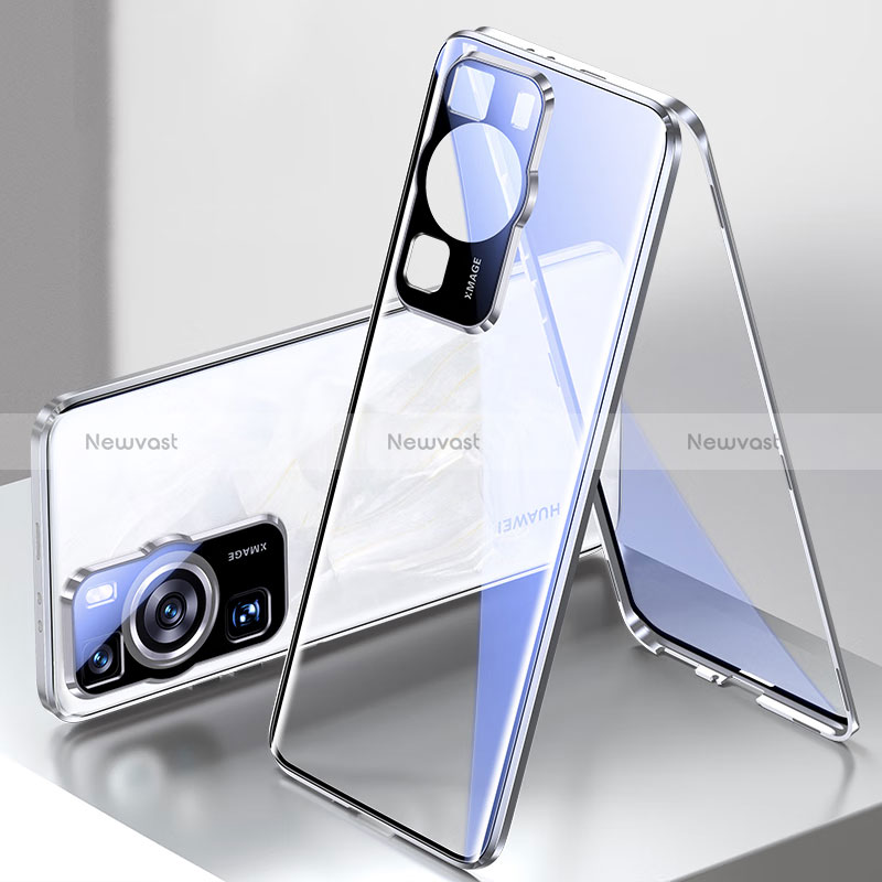 Luxury Aluminum Metal Frame Mirror Cover Case 360 Degrees for Huawei P60 Pro Silver