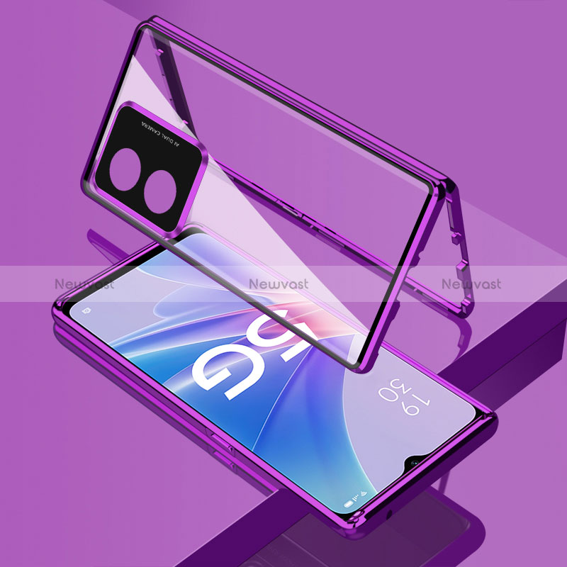 Luxury Aluminum Metal Frame Mirror Cover Case 360 Degrees for Oppo A58 5G Purple