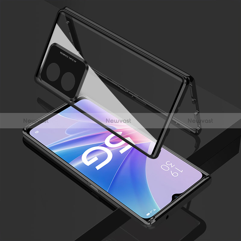 Luxury Aluminum Metal Frame Mirror Cover Case 360 Degrees for Oppo A58x 5G Black