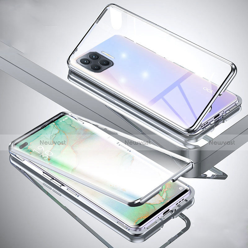 Luxury Aluminum Metal Frame Mirror Cover Case 360 Degrees for Oppo A93 Silver