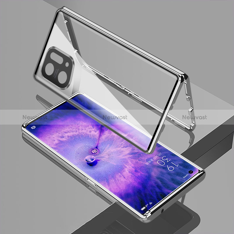 Luxury Aluminum Metal Frame Mirror Cover Case 360 Degrees for Oppo Find X5 5G Silver