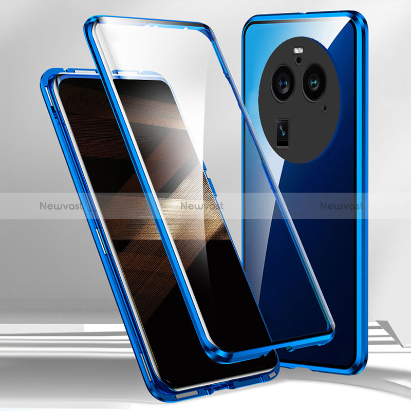 Luxury Aluminum Metal Frame Mirror Cover Case 360 Degrees for Oppo Find X6 5G Blue