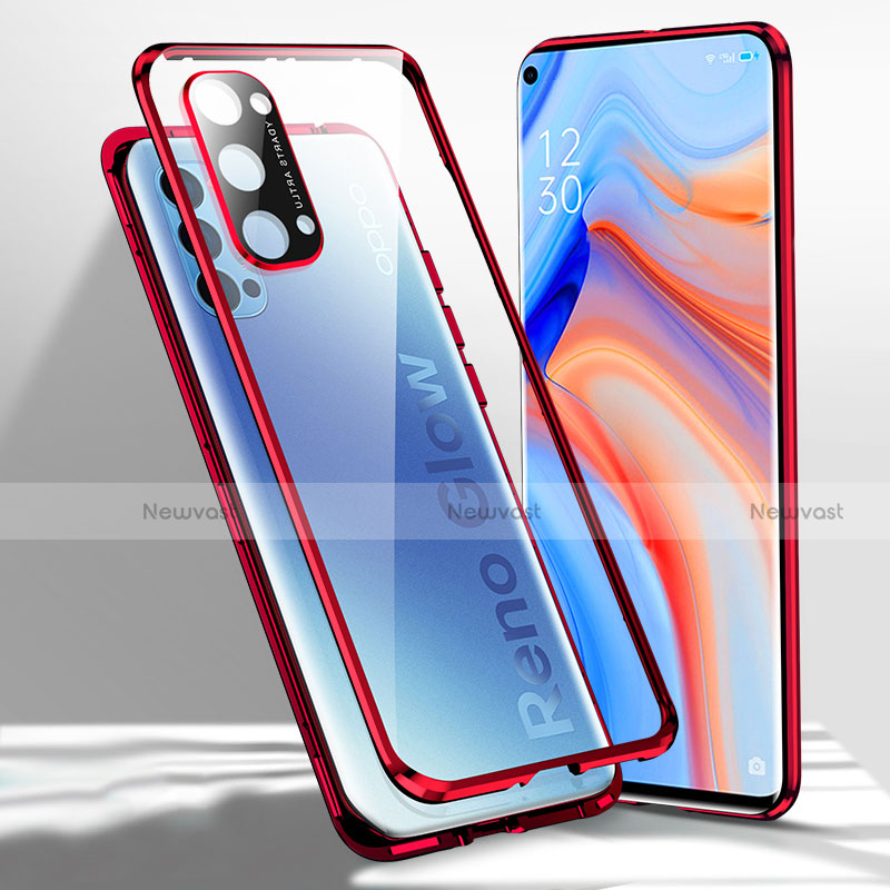 Luxury Aluminum Metal Frame Mirror Cover Case 360 Degrees for Oppo Reno4 Pro 5G Red
