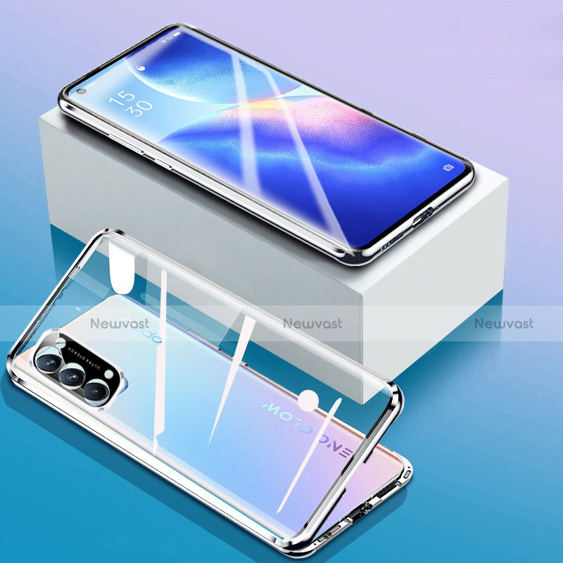 Luxury Aluminum Metal Frame Mirror Cover Case 360 Degrees for Oppo Reno5 5G Silver