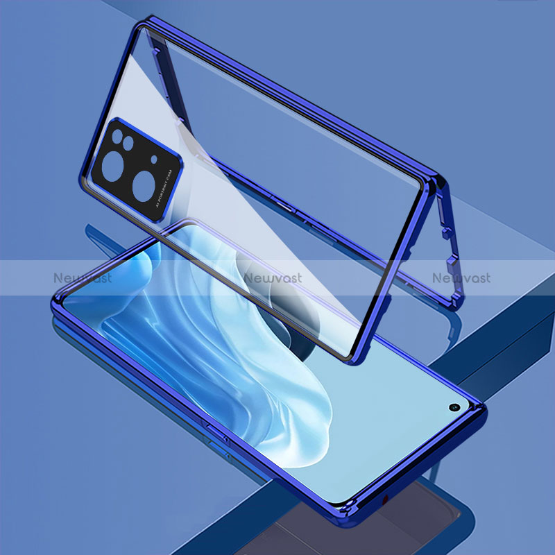 Luxury Aluminum Metal Frame Mirror Cover Case 360 Degrees for Oppo Reno7 Pro 5G Blue