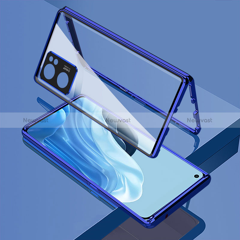 Luxury Aluminum Metal Frame Mirror Cover Case 360 Degrees for Oppo Reno7 SE 5G Blue