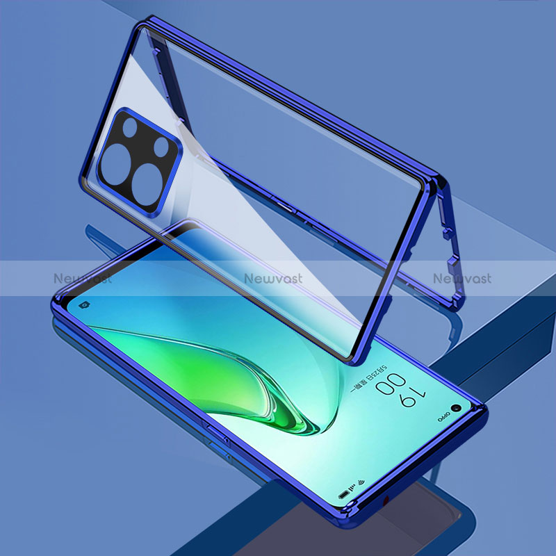 Luxury Aluminum Metal Frame Mirror Cover Case 360 Degrees for Oppo Reno9 5G Blue