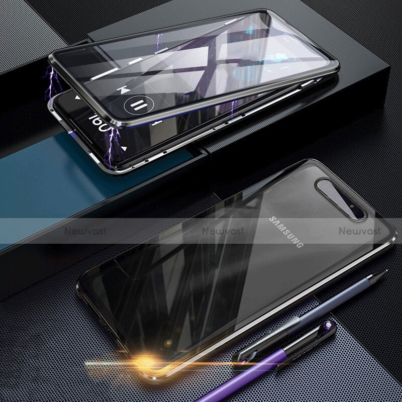 Luxury Aluminum Metal Frame Mirror Cover Case 360 Degrees for Samsung Galaxy A80 Black