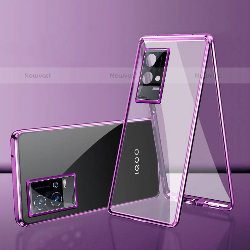 Luxury Aluminum Metal Frame Mirror Cover Case 360 Degrees for Vivo iQOO 8 5G Purple