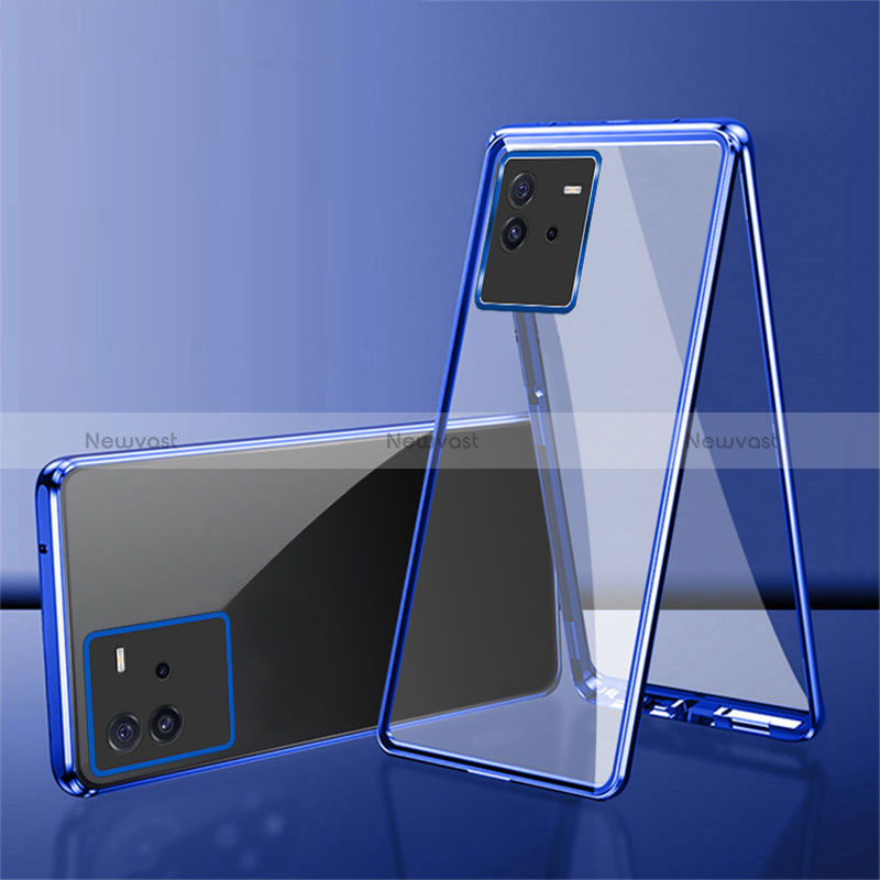Luxury Aluminum Metal Frame Mirror Cover Case 360 Degrees for Vivo iQOO Neo6 5G Blue