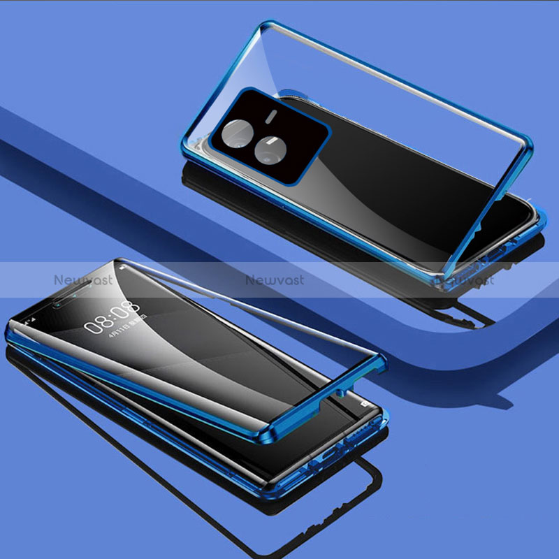 Luxury Aluminum Metal Frame Mirror Cover Case 360 Degrees for Vivo iQOO Z6x Blue