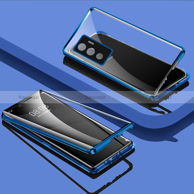 Luxury Aluminum Metal Frame Mirror Cover Case 360 Degrees for Vivo V23e 5G Blue