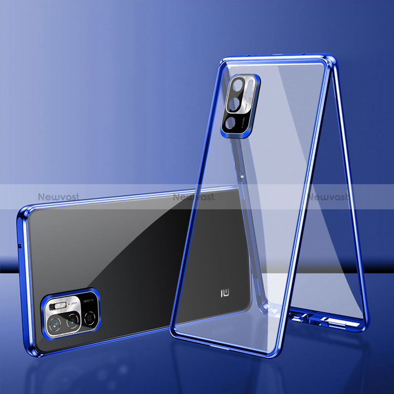 Luxury Aluminum Metal Frame Mirror Cover Case 360 Degrees for Xiaomi Redmi Note 10 5G Blue