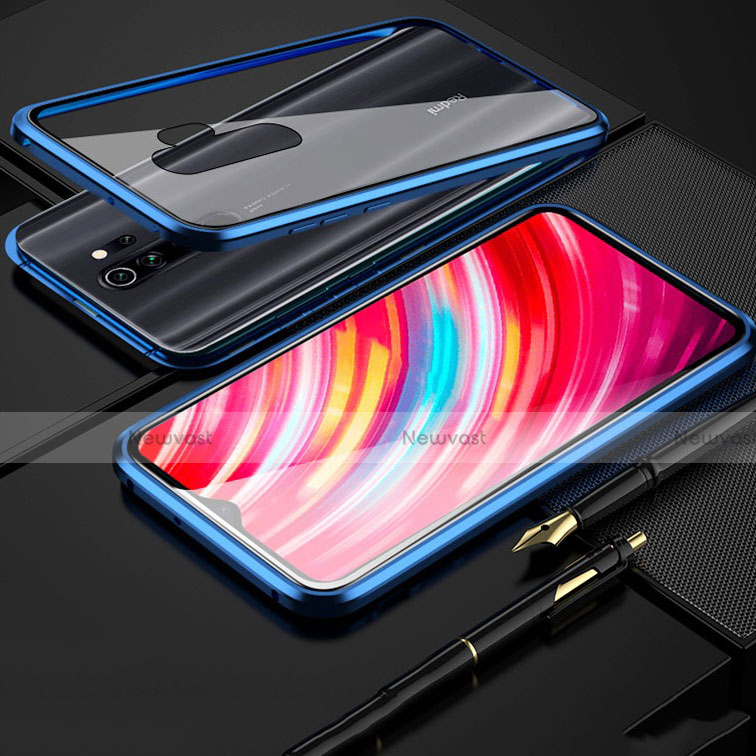 Luxury Aluminum Metal Frame Mirror Cover Case 360 Degrees for Xiaomi Redmi Note 8 Pro Blue