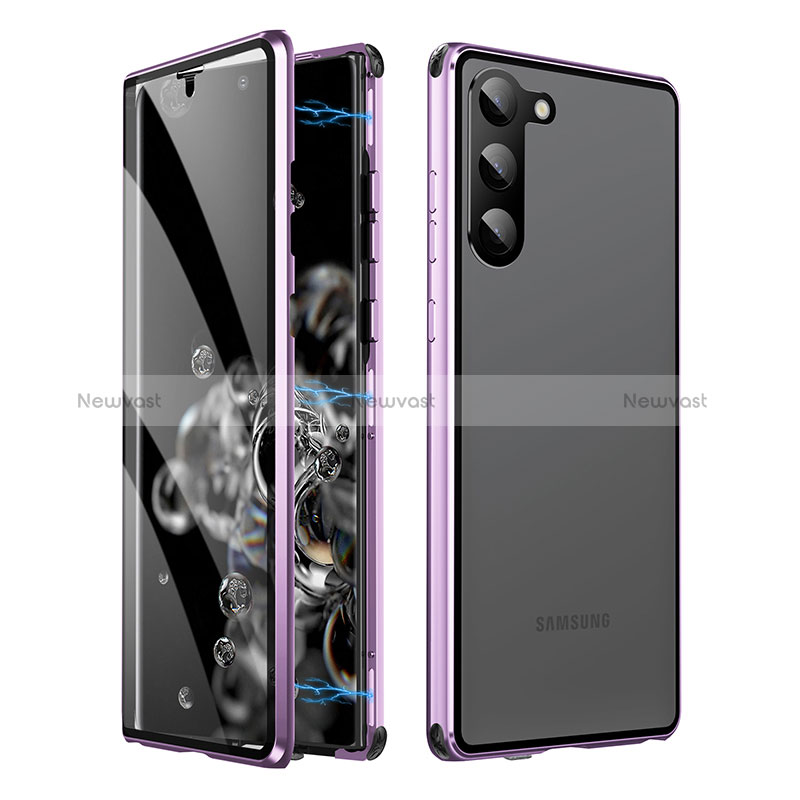 Luxury Aluminum Metal Frame Mirror Cover Case 360 Degrees LK1 for Samsung Galaxy S22 5G Purple