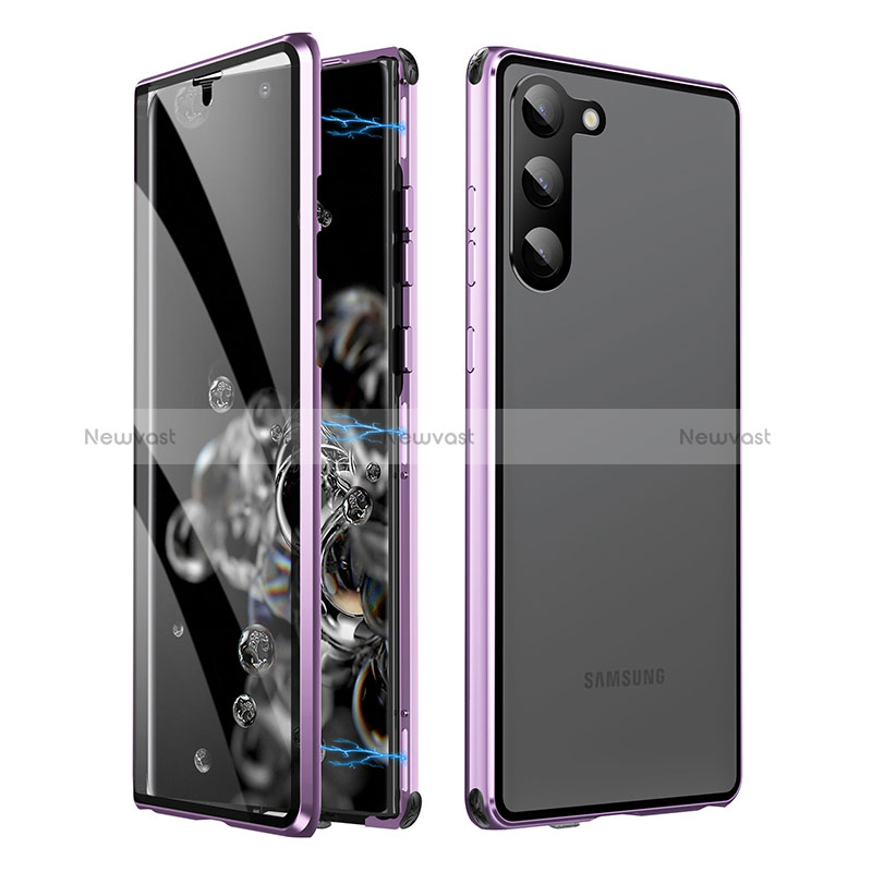 Luxury Aluminum Metal Frame Mirror Cover Case 360 Degrees LK1 for Samsung Galaxy S23 5G Purple