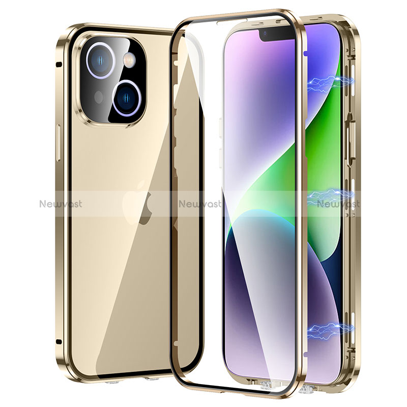 Luxury Aluminum Metal Frame Mirror Cover Case 360 Degrees LK2 for Apple iPhone 14 Gold