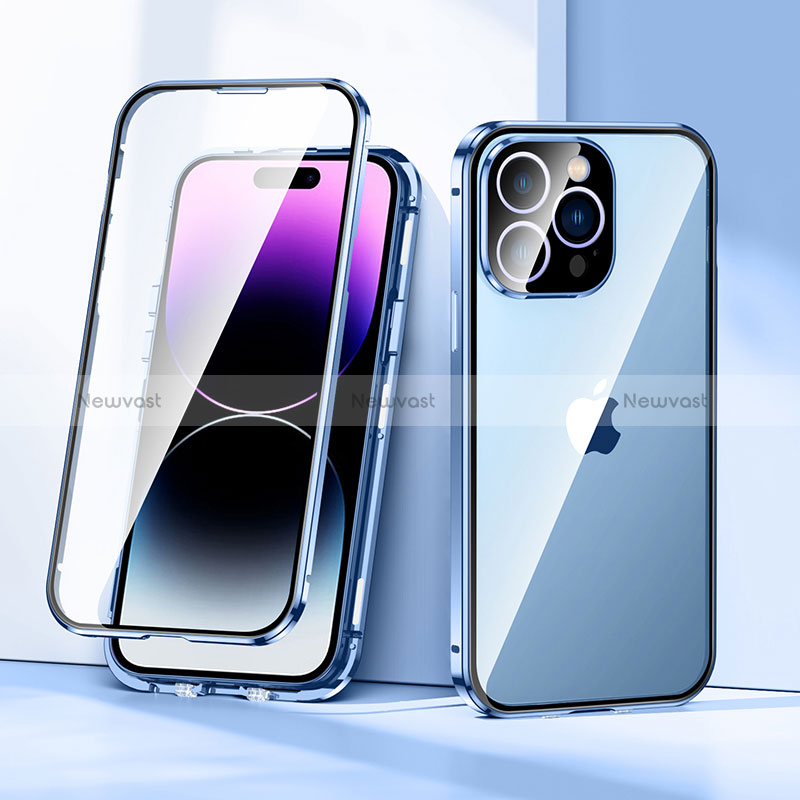 Luxury Aluminum Metal Frame Mirror Cover Case 360 Degrees LK2 for Apple iPhone 14 Pro Blue