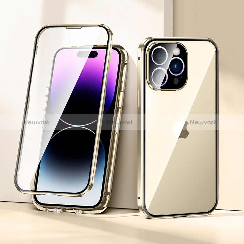 Luxury Aluminum Metal Frame Mirror Cover Case 360 Degrees LK2 for Apple iPhone 14 Pro Gold