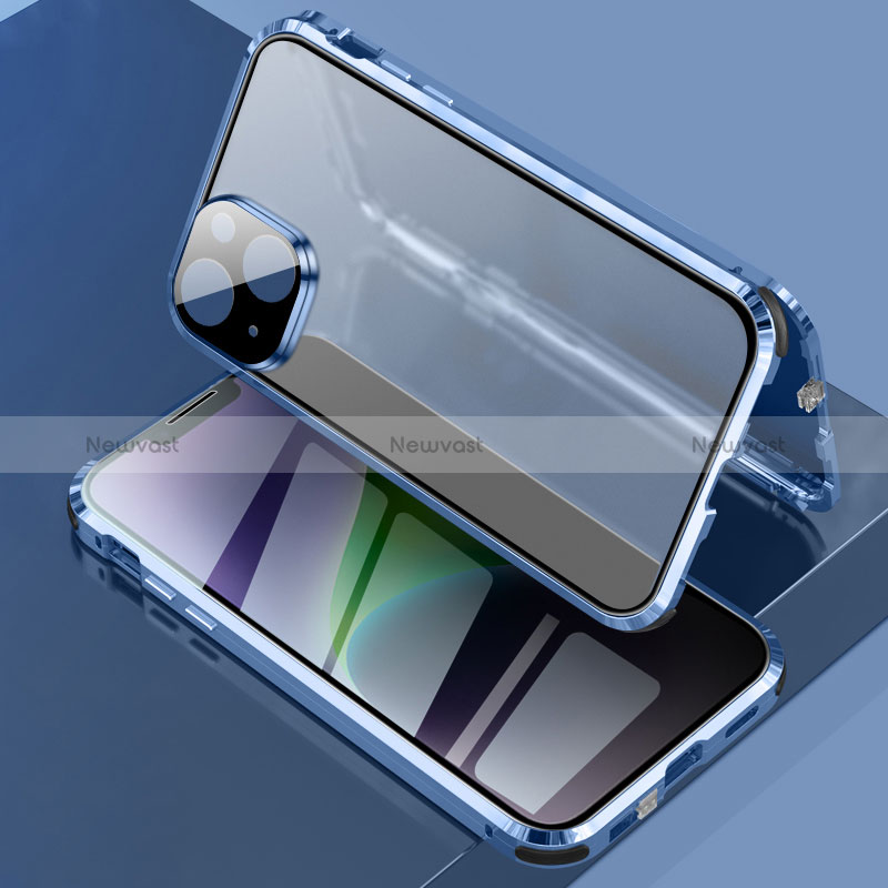 Luxury Aluminum Metal Frame Mirror Cover Case 360 Degrees LK3 for Apple iPhone 14 Blue