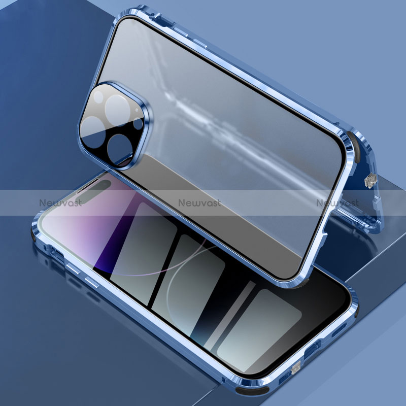 Luxury Aluminum Metal Frame Mirror Cover Case 360 Degrees LK3 for Apple iPhone 14 Pro Max Blue