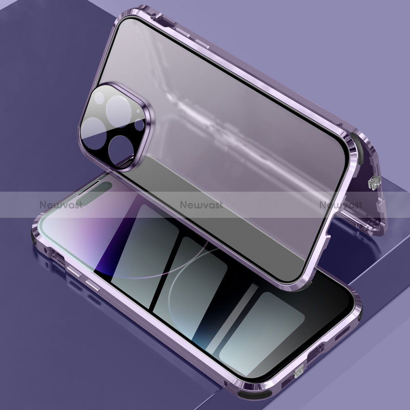 Luxury Aluminum Metal Frame Mirror Cover Case 360 Degrees LK3 for Apple iPhone 14 Pro Max Purple