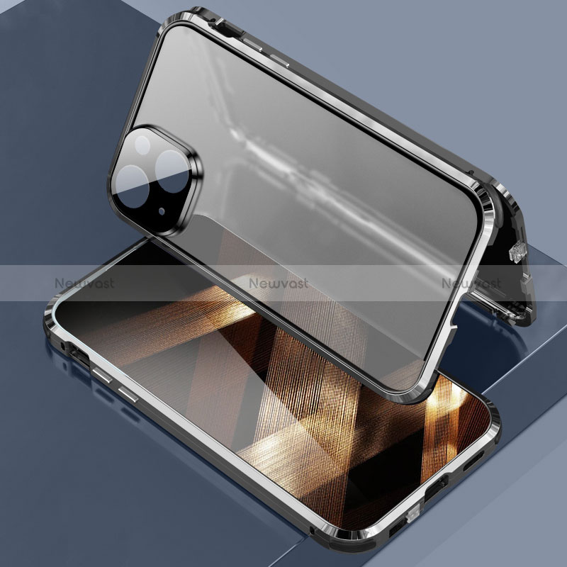 Luxury Aluminum Metal Frame Mirror Cover Case 360 Degrees LK3 for Apple iPhone 15 Plus Black