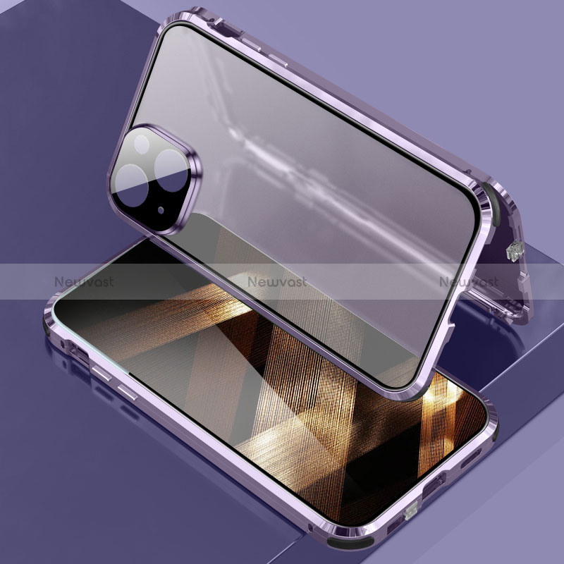 Luxury Aluminum Metal Frame Mirror Cover Case 360 Degrees LK3 for Apple iPhone 15 Plus Purple