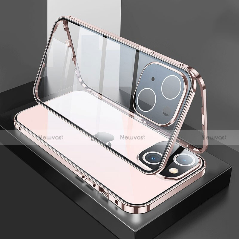 Luxury Aluminum Metal Frame Mirror Cover Case 360 Degrees M01 for Apple iPhone 13 Mini Rose Gold