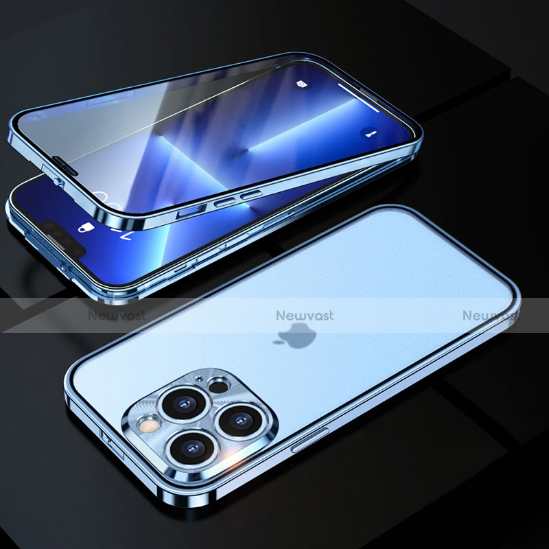 Luxury Aluminum Metal Frame Mirror Cover Case 360 Degrees M01 for Apple iPhone 13 Pro Max Blue