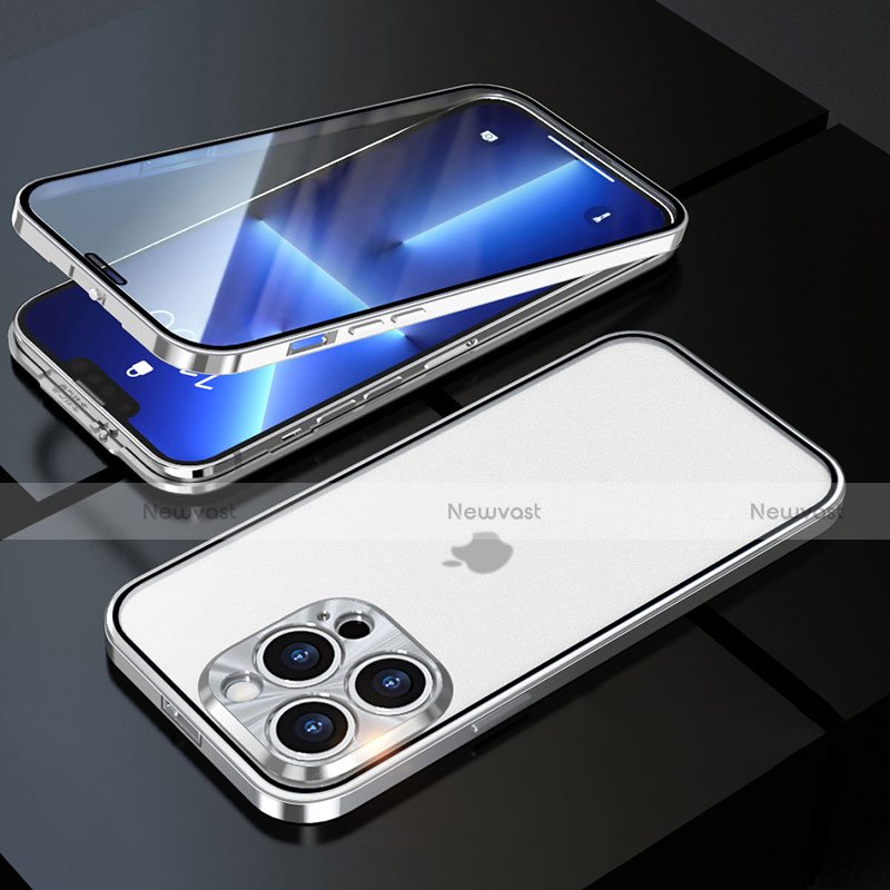 Luxury Aluminum Metal Frame Mirror Cover Case 360 Degrees M01 for Apple iPhone 13 Pro Max Silver