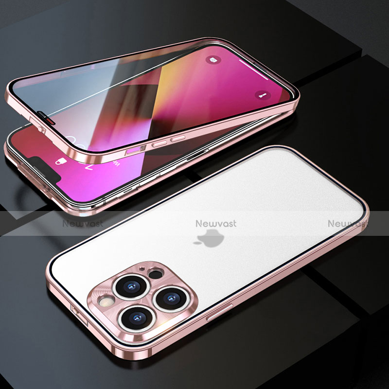 Luxury Aluminum Metal Frame Mirror Cover Case 360 Degrees M01 for Apple iPhone 13 Pro Rose Gold