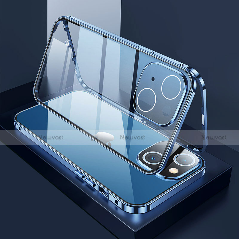 Luxury Aluminum Metal Frame Mirror Cover Case 360 Degrees M01 for Apple iPhone 14 Blue