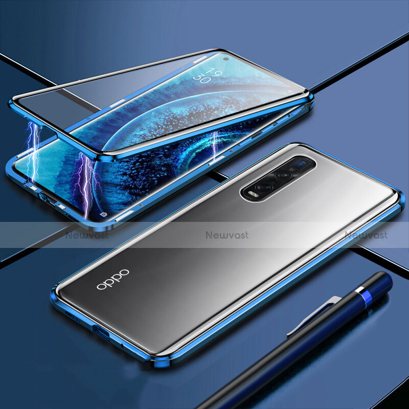 Luxury Aluminum Metal Frame Mirror Cover Case 360 Degrees M01 for Oppo Find X2 Pro Blue