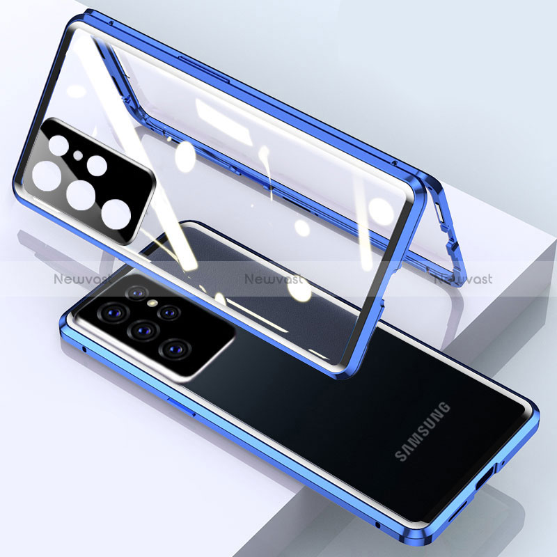 Luxury Aluminum Metal Frame Mirror Cover Case 360 Degrees M01 for Samsung Galaxy S24 Ultra 5G Blue