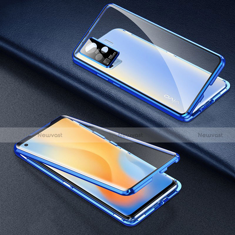 Luxury Aluminum Metal Frame Mirror Cover Case 360 Degrees M01 for Vivo X51 5G Blue