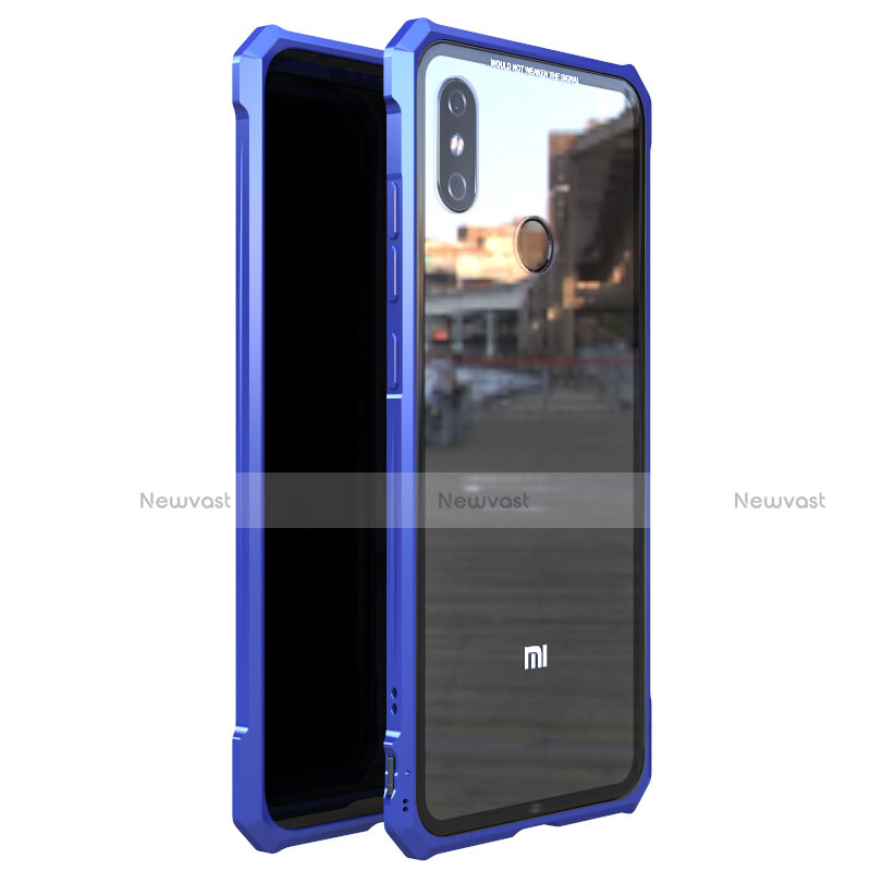 Luxury Aluminum Metal Frame Mirror Cover Case 360 Degrees M01 for Xiaomi Mi 8 Blue