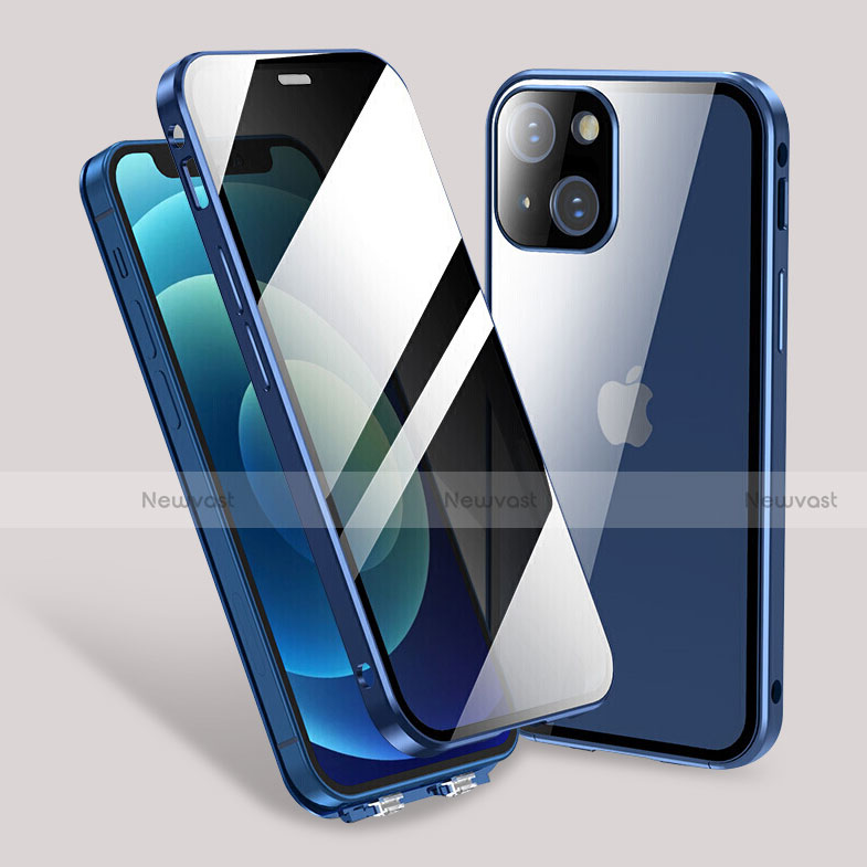 Luxury Aluminum Metal Frame Mirror Cover Case 360 Degrees M02 for Apple iPhone 14 Plus Blue