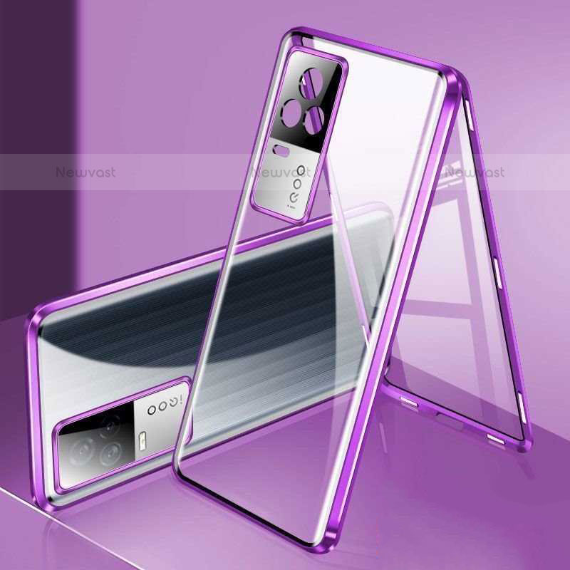 Luxury Aluminum Metal Frame Mirror Cover Case 360 Degrees M02 for Vivo iQOO 8 5G Purple