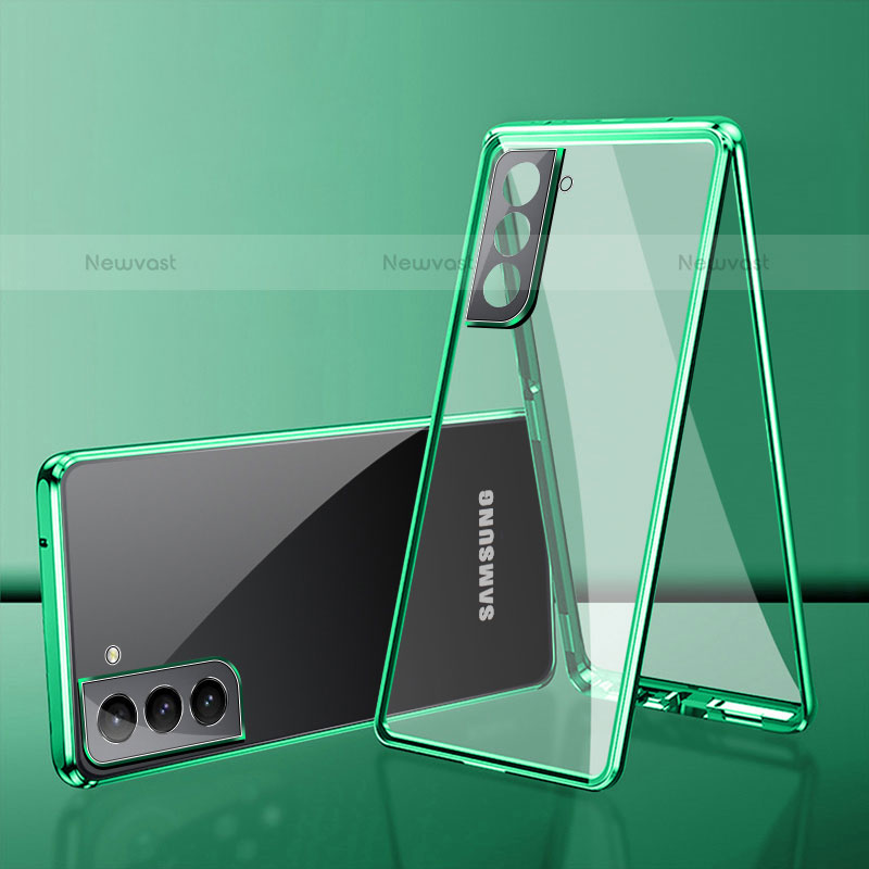 Luxury Aluminum Metal Frame Mirror Cover Case 360 Degrees M03 for Samsung Galaxy S21 FE 5G Green