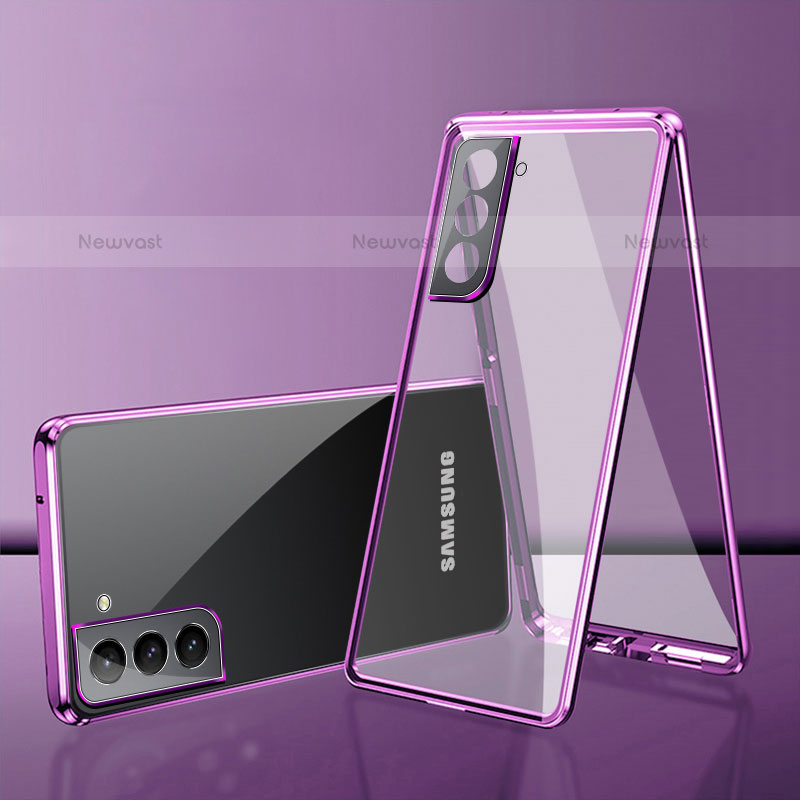 Luxury Aluminum Metal Frame Mirror Cover Case 360 Degrees M03 for Samsung Galaxy S21 FE 5G Purple
